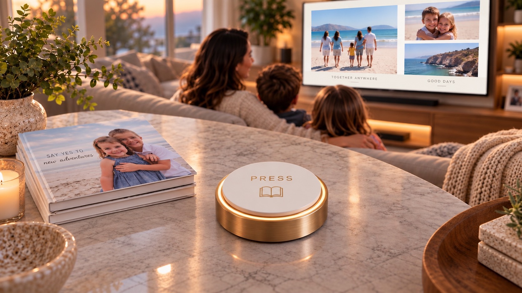 A gold Memory Button on a marble table beside a stack of photo books, while a family watches one of the books play on the television