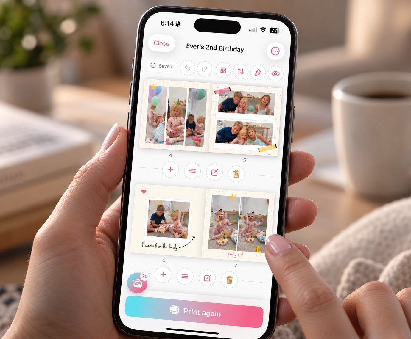 Laying out a photo book on a phone in the MyPrintBook app