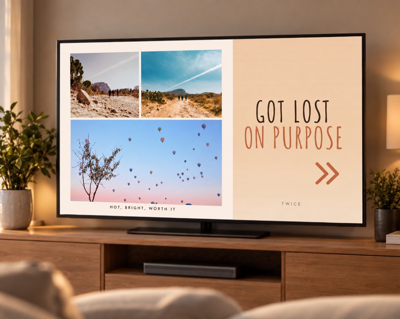 A designed photo-book page playing on a television